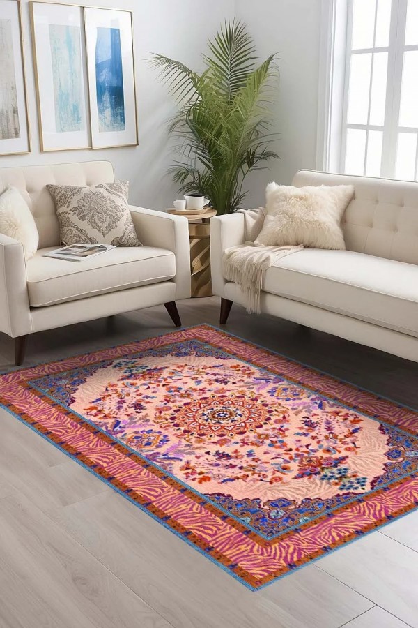 Tomen Desenli Pamuk Tabanlı Yıkanabilen Kaydırmaz Antibakteriyel Şönil Salon Halısı