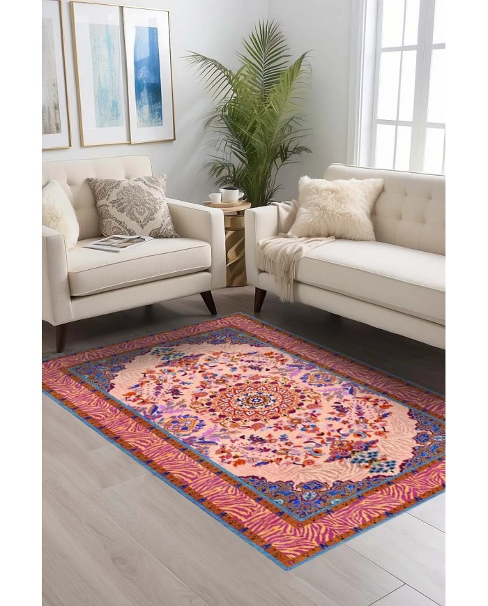 Tomen Desenli Pamuk Tabanlı Yıkanabilen Kaydırmaz Antibakteriyel Şönil Salon Halısı