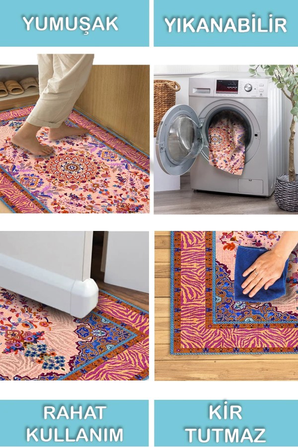 Tomen Desenli Pamuk Tabanlı Yıkanabilen Kaydırmaz Antibakteriyel Şönil Salon Halısı