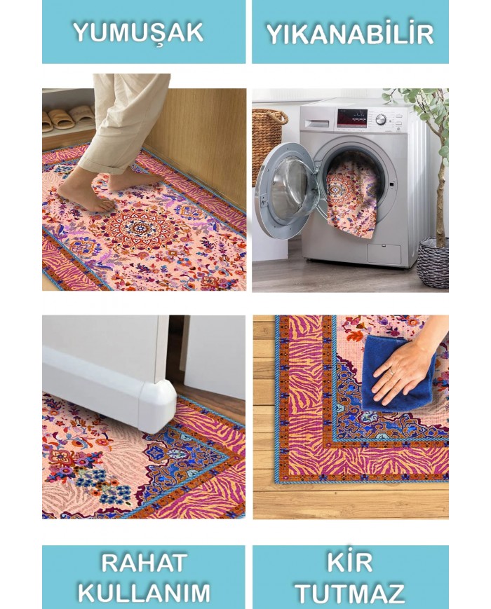 Tomen Desenli Pamuk Tabanlı Yıkanabilen Kaydırmaz Antibakteriyel Şönil Salon Halısı