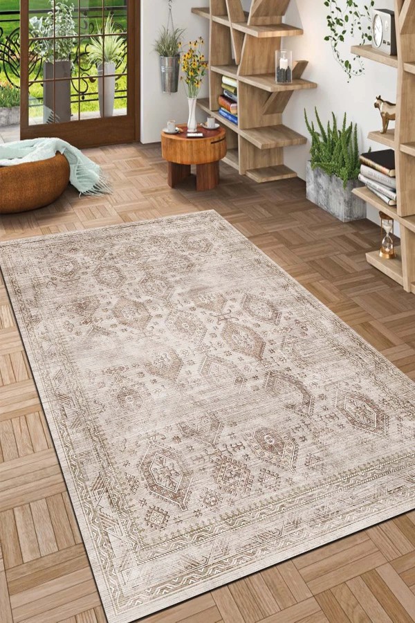 Yansum Desenli Pamuk Tabanlı Yıkanabilen Kaydırmaz Antibakteriyel Şönil Salon Halısı