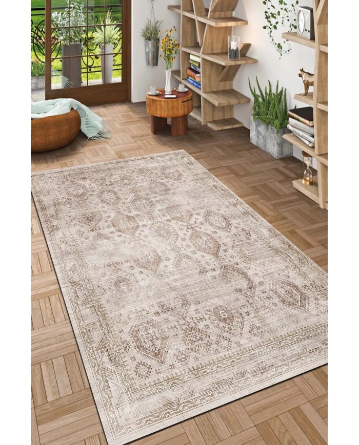 Yansum Desenli Pamuk Tabanlı Yıkanabilen Kaydırmaz Antibakteriyel Şönil Salon Halısı