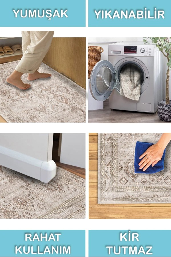 Yansum Desenli Pamuk Tabanlı Yıkanabilen Kaydırmaz Antibakteriyel Şönil Salon Halısı