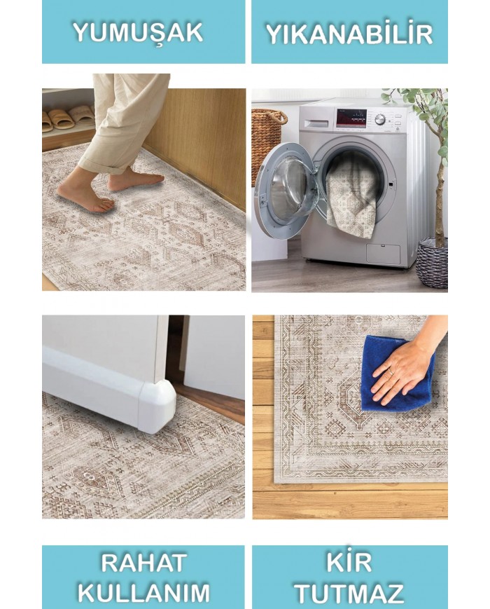 Yansum Desenli Pamuk Tabanlı Yıkanabilen Kaydırmaz Antibakteriyel Şönil Salon Halısı