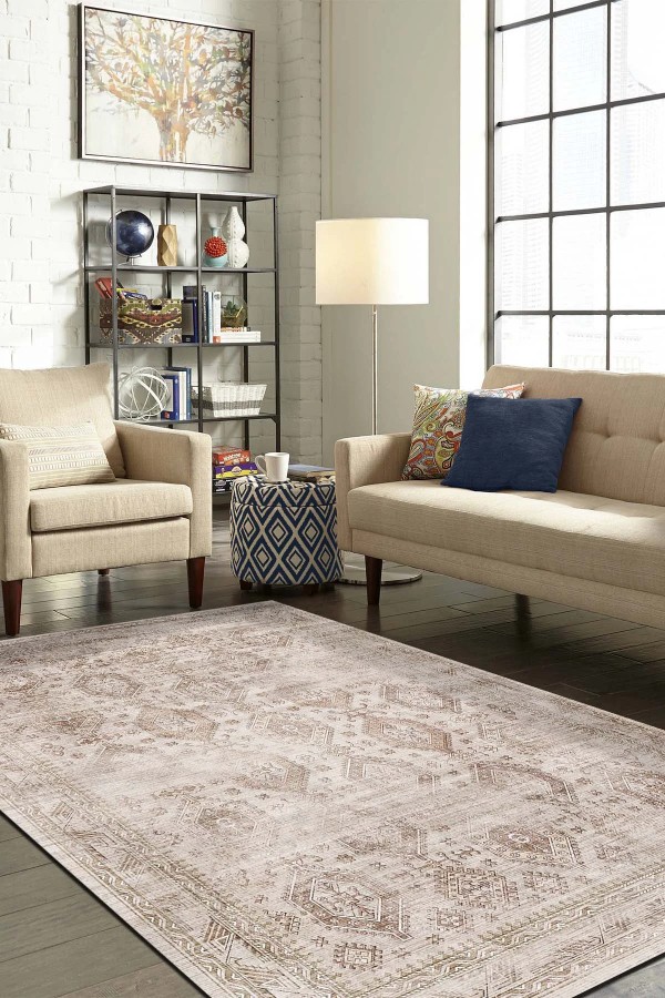 Yansum Desenli Pamuk Tabanlı Yıkanabilen Kaydırmaz Antibakteriyel Şönil Salon Halısı