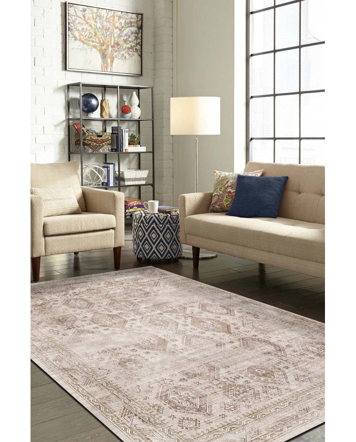 Yansum Desenli Pamuk Tabanlı Yıkanabilen Kaydırmaz Antibakteriyel Şönil Salon Halısı