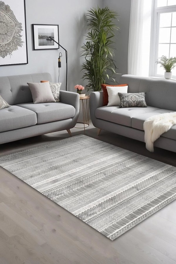 Tromse Desenli Pamuk Tabanlı Yıkanabilen Kaydırmaz Antibakteriyel Şönil Salon Halısı