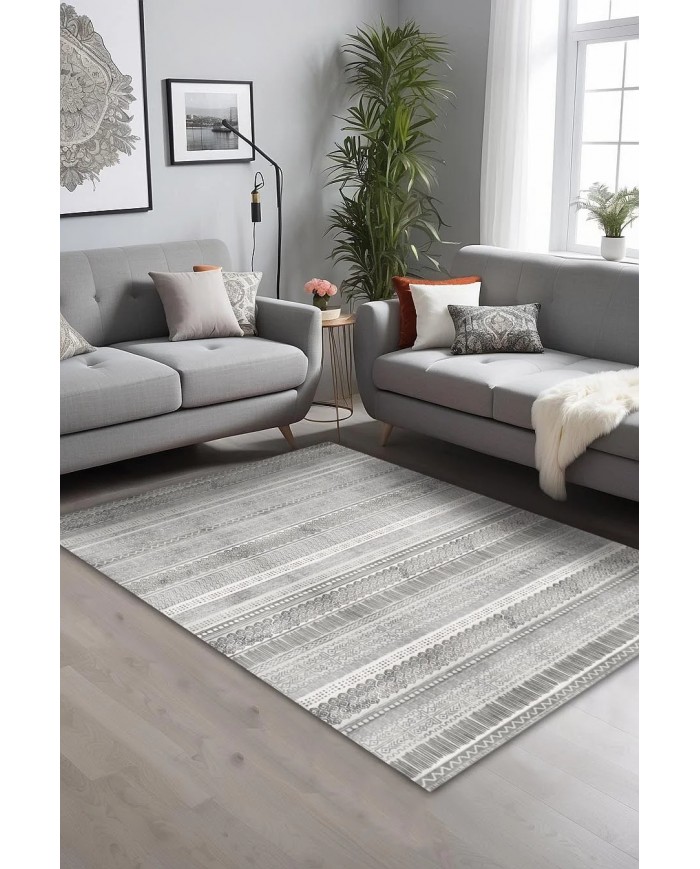 Tromse Desenli Pamuk Tabanlı Yıkanabilen Kaydırmaz Antibakteriyel Şönil Salon Halısı