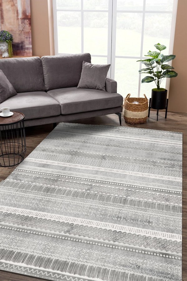 Tromse Desenli Pamuk Tabanlı Yıkanabilen Kaydırmaz Antibakteriyel Şönil Salon Halısı