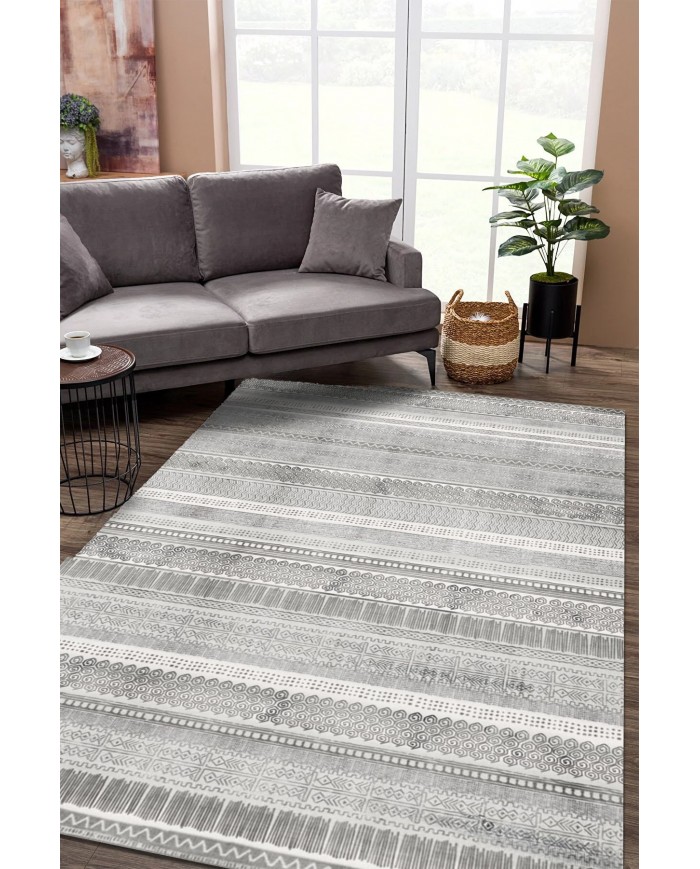 Tromse Desenli Pamuk Tabanlı Yıkanabilen Kaydırmaz Antibakteriyel Şönil Salon Halısı