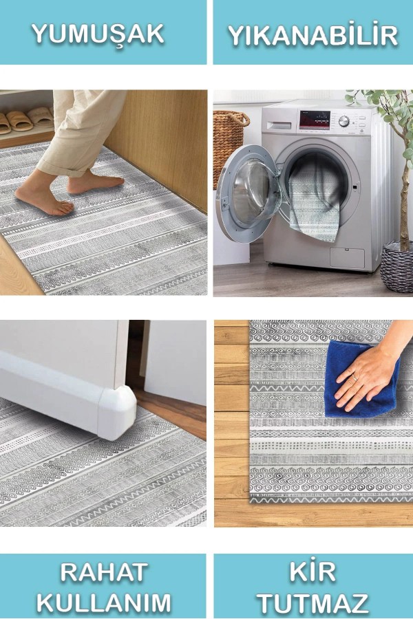 Tromse Desenli Pamuk Tabanlı Yıkanabilen Kaydırmaz Antibakteriyel Şönil Salon Halısı