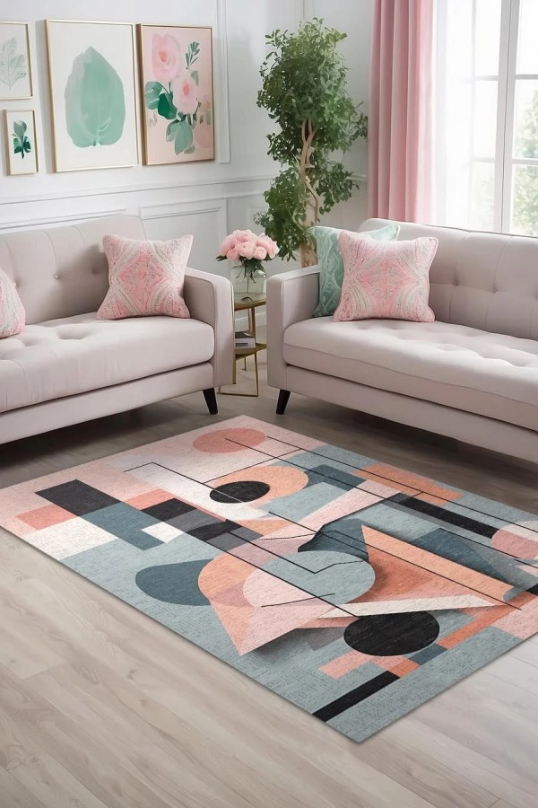 Triana Desenli Pamuk Tabanlı Yıkanabilen Kaydırmaz Antibakteriyel Şönil Salon Halısı