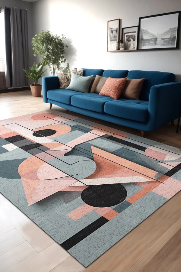 Triana Desenli Pamuk Tabanlı Yıkanabilen Kaydırmaz Antibakteriyel Şönil Salon Halısı