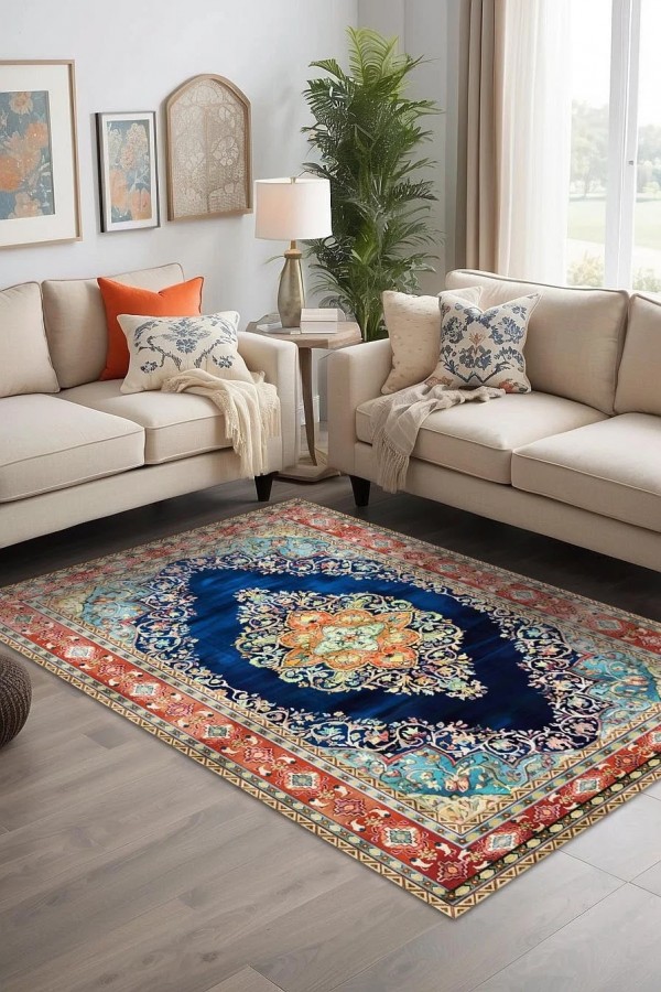 Visle Desenli Pamuk Tabanlı Yıkanabilen Kaydırmaz Antibakteriyel Şönil Salon Halısı