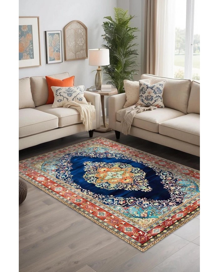 Visle Desenli Pamuk Tabanlı Yıkanabilen Kaydırmaz Antibakteriyel Şönil Salon Halısı