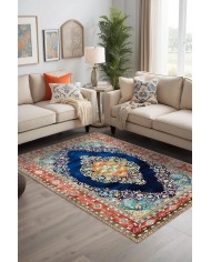 Visle Desenli Pamuk Tabanlı Yıkanabilen Kaydırmaz Antibakteriyel Şönil Salon Halısı