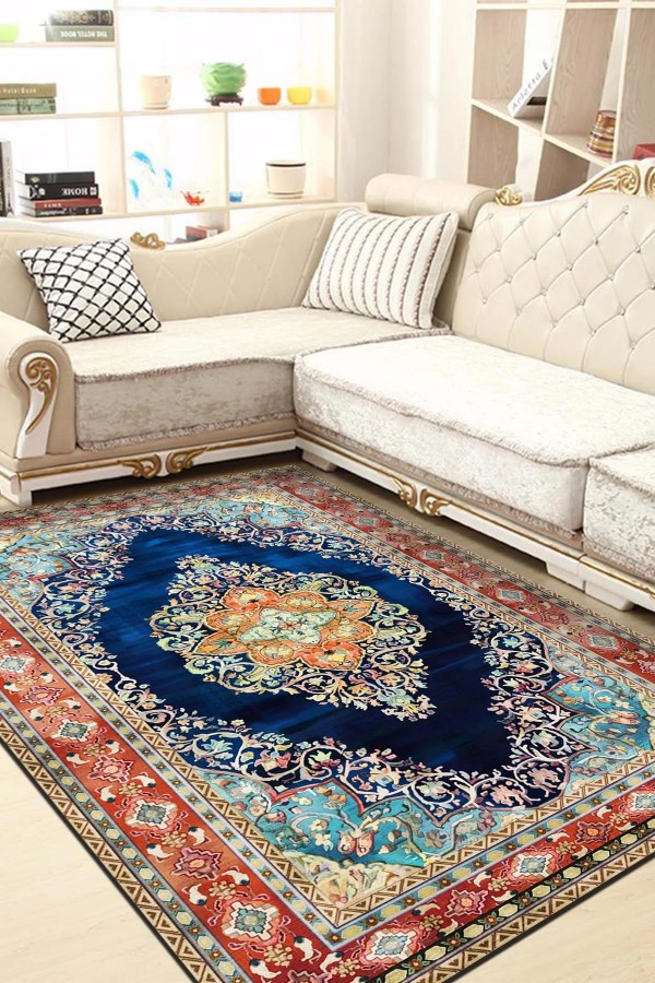 Visle Desenli Pamuk Tabanlı Yıkanabilen Kaydırmaz Antibakteriyel Şönil Salon Halısı