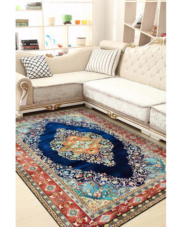 Visle Desenli Pamuk Tabanlı Yıkanabilen Kaydırmaz Antibakteriyel Şönil Salon Halısı