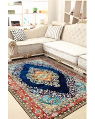 Visle Desenli Pamuk Tabanlı Yıkanabilen Kaydırmaz Antibakteriyel Şönil Salon Halısı