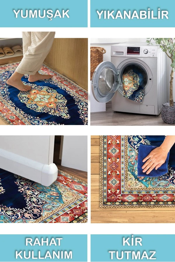 Visle Desenli Pamuk Tabanlı Yıkanabilen Kaydırmaz Antibakteriyel Şönil Salon Halısı