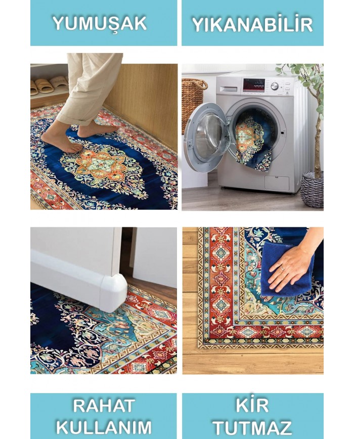 Visle Desenli Pamuk Tabanlı Yıkanabilen Kaydırmaz Antibakteriyel Şönil Salon Halısı