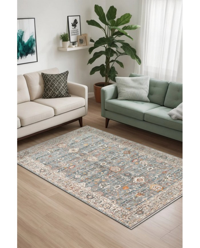 Zack Desenli Pamuk Tabanlı Yıkanabilen Kaydırmaz Antibakteriyel Şönil Salon Halısı