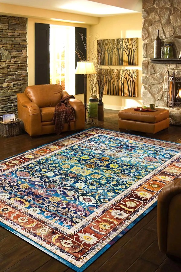 Zirta Desenli Pamuk Tabanlı Yıkanabilen Kaydırmaz Antibakteriyel Şönil Salon Halısı