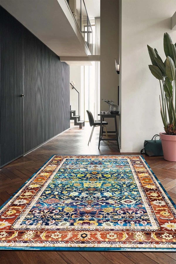 Zirta Desenli Pamuk Tabanlı Yıkanabilen Kaydırmaz Antibakteriyel Şönil Salon Halısı