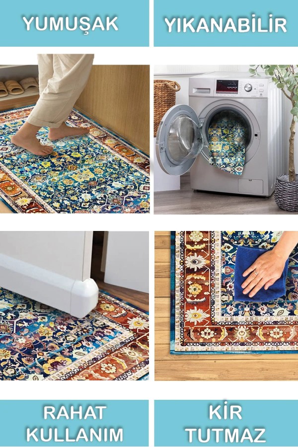 Zirta Desenli Pamuk Tabanlı Yıkanabilen Kaydırmaz Antibakteriyel Şönil Salon Halısı