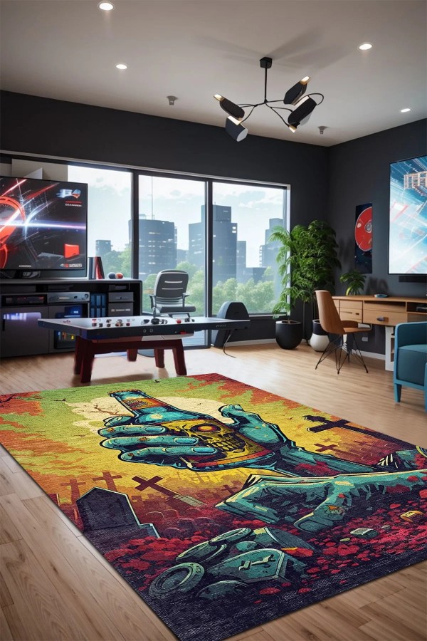 Zombi Şönil Gamer Halısı Pamuk Tabanlı Yıkanabilen Kaymaz Genç Odası Oyuncu Gaming Halısı