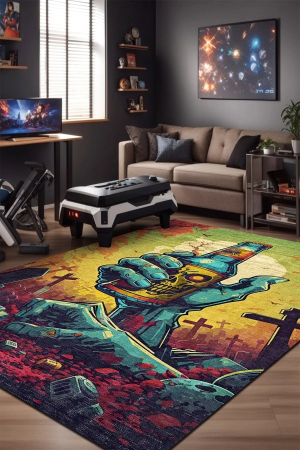 Zombi Şönil Gamer Halısı Pamuk Tabanlı Yıkanabilen Kaymaz Genç Odası Oyuncu Gaming Halısı