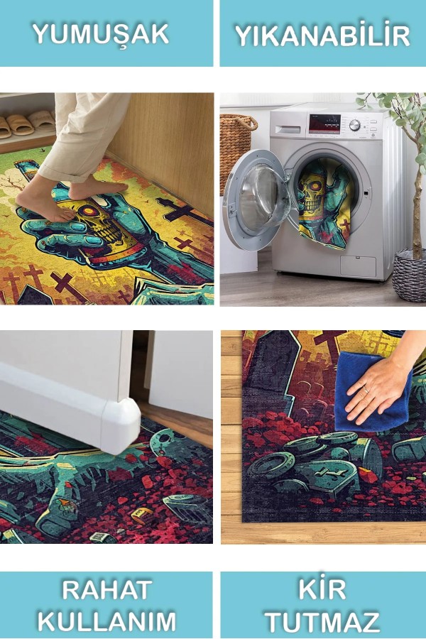 Zombi Şönil Gamer Halısı Pamuk Tabanlı Yıkanabilen Kaymaz Genç Odası Oyuncu Gaming Halısı