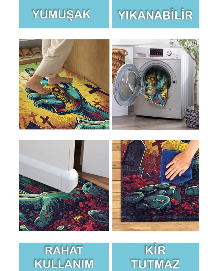 Zombi Şönil Gamer Halısı Pamuk Tabanlı Yıkanabilen Kaymaz Genç Odası Oyuncu Gaming Halısı