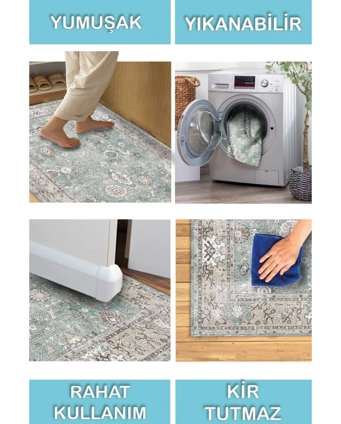 Zuleo Desenli Pamuk Tabanlı Yıkanabilen Kaydırmaz Antibakteriyel Şönil Salon Halısı