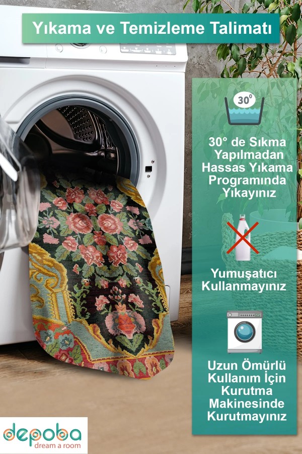 Loren Kadife Yıkanabilir Kaymaz Pamuk Tabanlı Antibakteriyel Salon Halısı