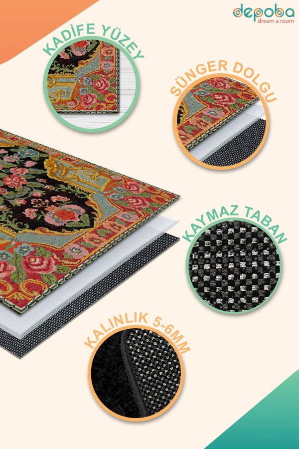 Loren Kadife Yıkanabilir Kaymaz Pamuk Tabanlı Antibakteriyel Salon Halısı