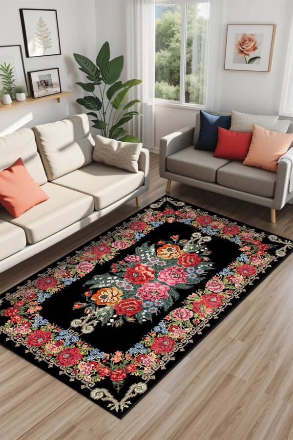 Sinse Kadife Yıkanabilir Kaymaz Pamuk Tabanlı Antibakteriyel Salon Halısı