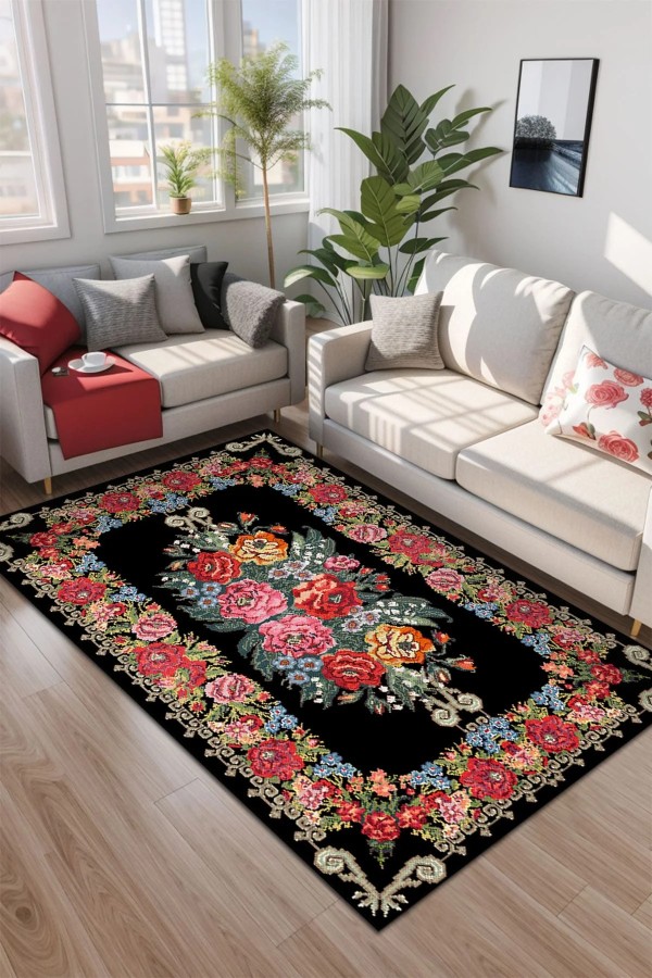 Sinse Kadife Yıkanabilir Kaymaz Pamuk Tabanlı Antibakteriyel Salon Halısı