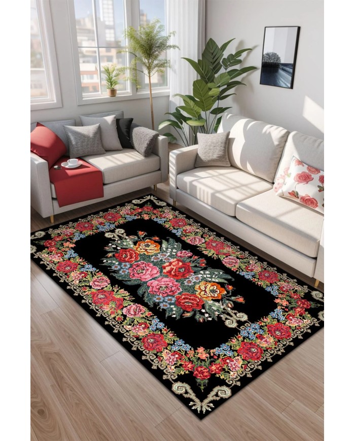 Sinse Kadife Yıkanabilir Kaymaz Pamuk Tabanlı Antibakteriyel Salon Halısı