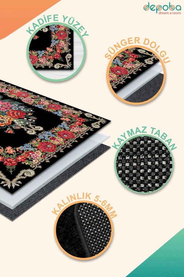 Sinse Kadife Yıkanabilir Kaymaz Pamuk Tabanlı Antibakteriyel Salon Halısı