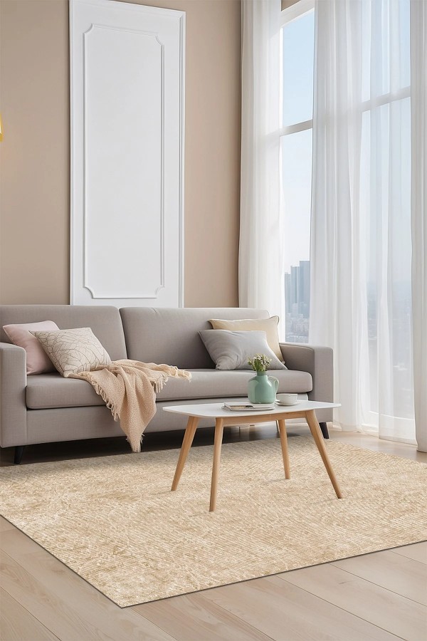 Elarte Bej Pamuk Tabanlı Yıkanabilen Kaydırmaz Antibakteriyel Şönil Salon Halısı