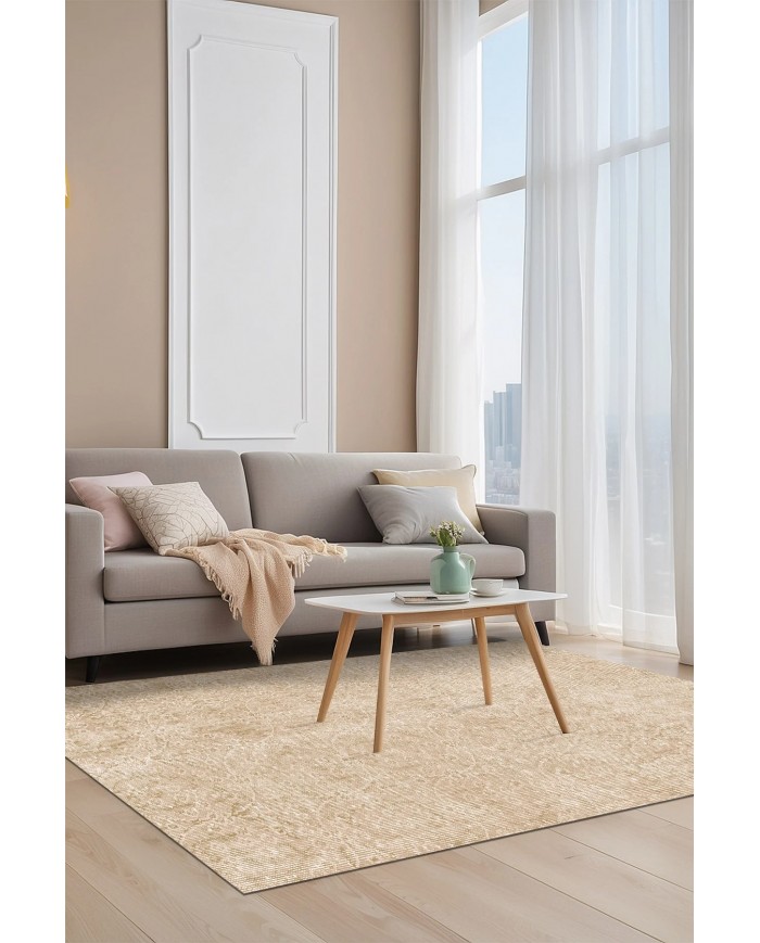 Elarte Bej Pamuk Tabanlı Yıkanabilen Kaydırmaz Antibakteriyel Şönil Salon Halısı