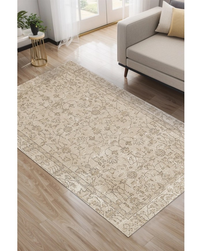 Ginato Bej Pamuk Tabanlı Yıkanabilen Kaydırmaz Antibakteriyel Şönil Salon Halısı
