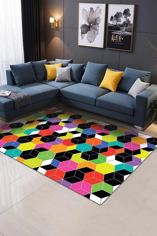 Colom Desenli Pamuk Tabanlı Yıkanabilen Kaydırmaz Antibakteriyel Şönil Salon Halısı