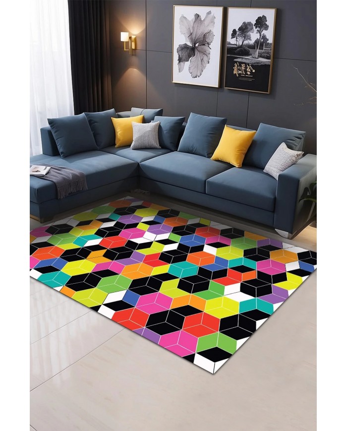 Colom Desenli Pamuk Tabanlı Yıkanabilen Kaydırmaz Antibakteriyel Şönil Salon Halısı