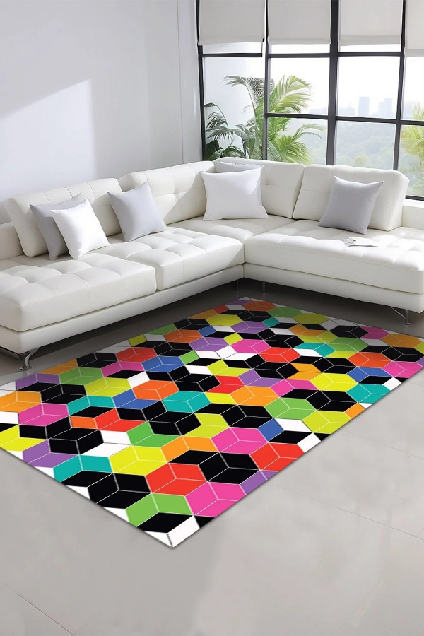 Colom Desenli Pamuk Tabanlı Yıkanabilen Kaydırmaz Antibakteriyel Şönil Salon Halısı