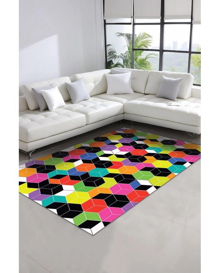 Colom Desenli Pamuk Tabanlı Yıkanabilen Kaydırmaz Antibakteriyel Şönil Salon Halısı