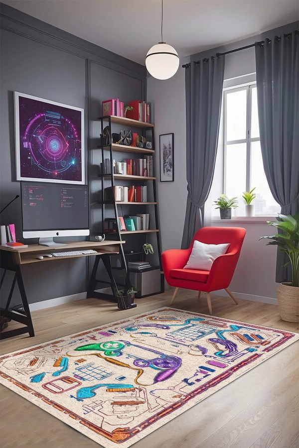 Cosi Gamer Halısı, Şönil Pamuk Tabanlı, Kaydırmaz, Yıkanabilen, Gaming Oyuncu Odası Halısı