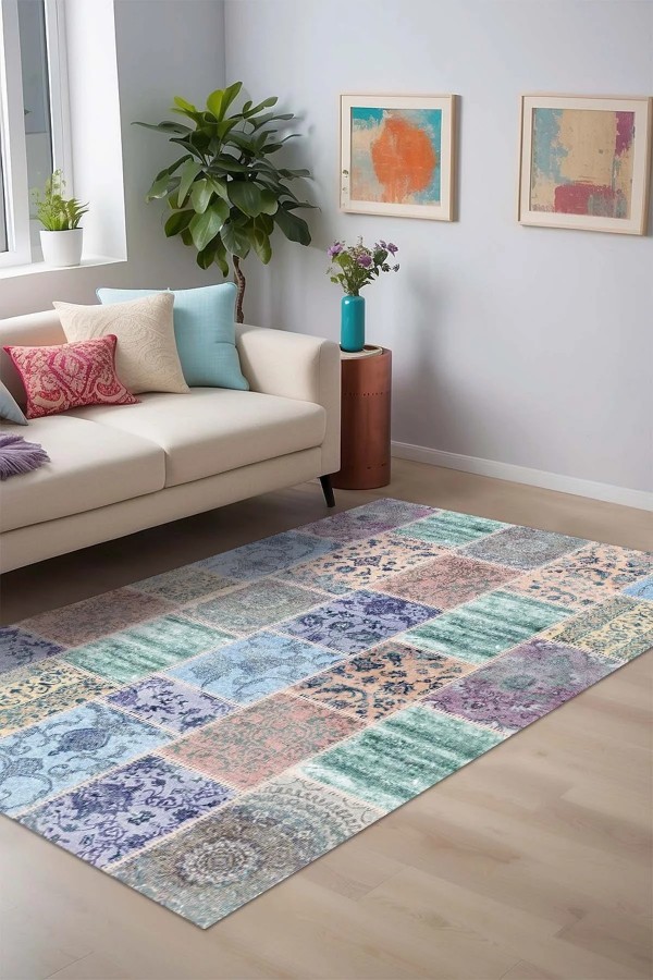 Ekos Patchwork Desenli Pamuk Tabanlı Yıkanabilen Kaydırmaz Antibakteriyel Şönil Salon Halısı