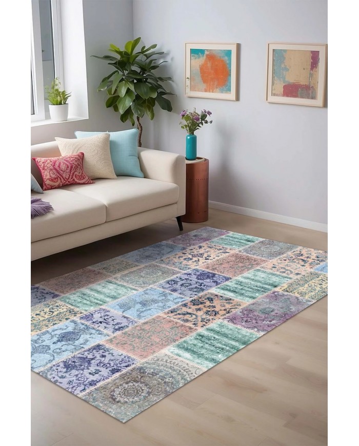 Ekos Patchwork Desenli Pamuk Tabanlı Yıkanabilen Kaydırmaz Antibakteriyel Şönil Salon Halısı